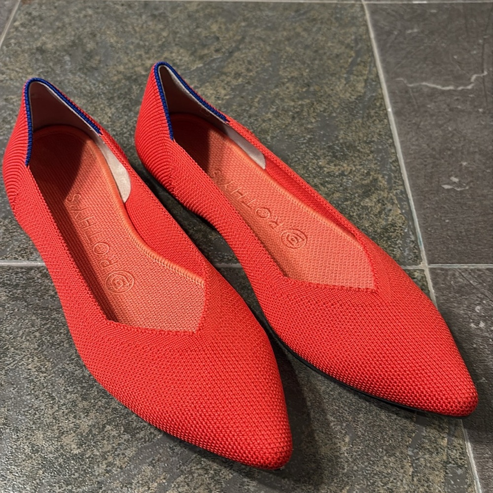 Rothy's Coral-Red Pointed Knit Flats with Blue Trim - Picture 3 of 10